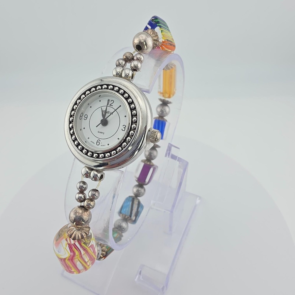GEVENA Ladies Bracelet Watch Colorful Multi Shaped Art Glass Beads Stretch 8"